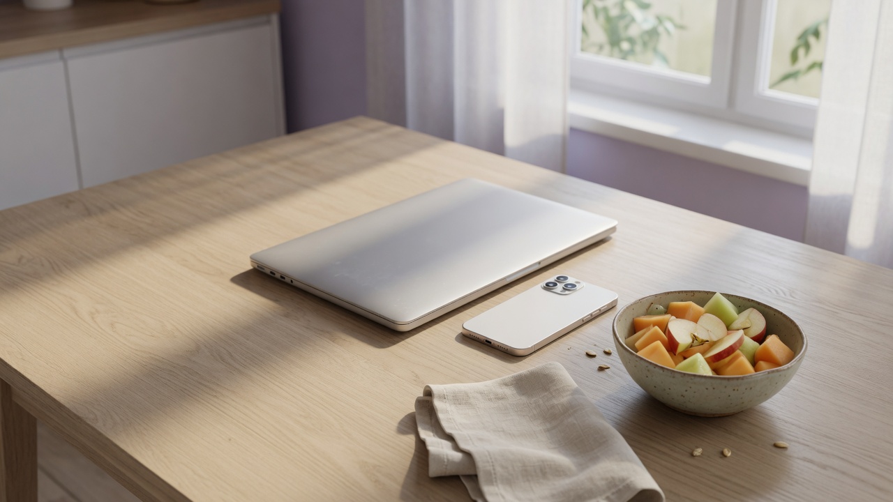 A quiet morning table with a closed laptop, a phone, and a bowl of fruit