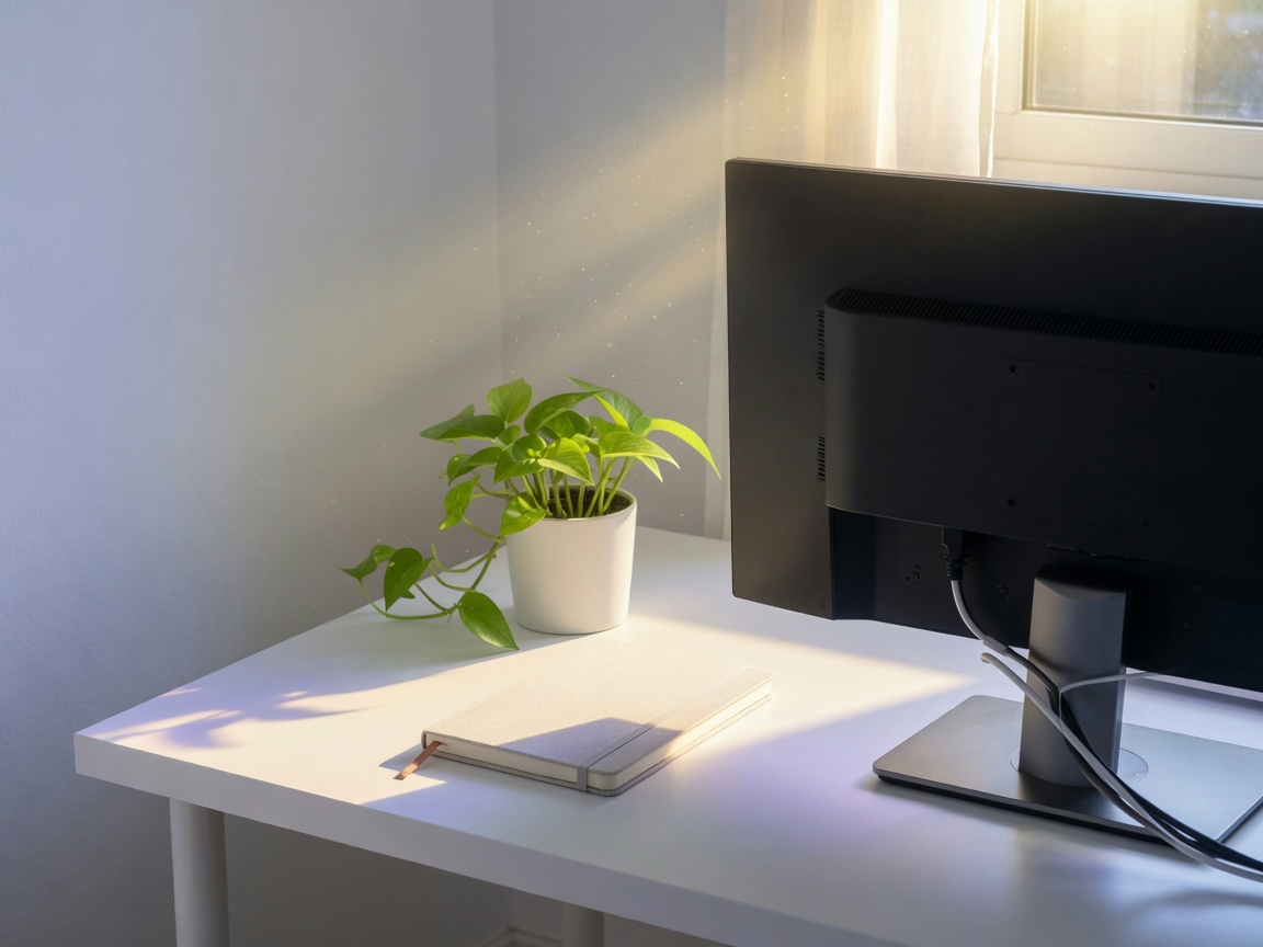 A bright desk with a monitor seen from behind and a small plant